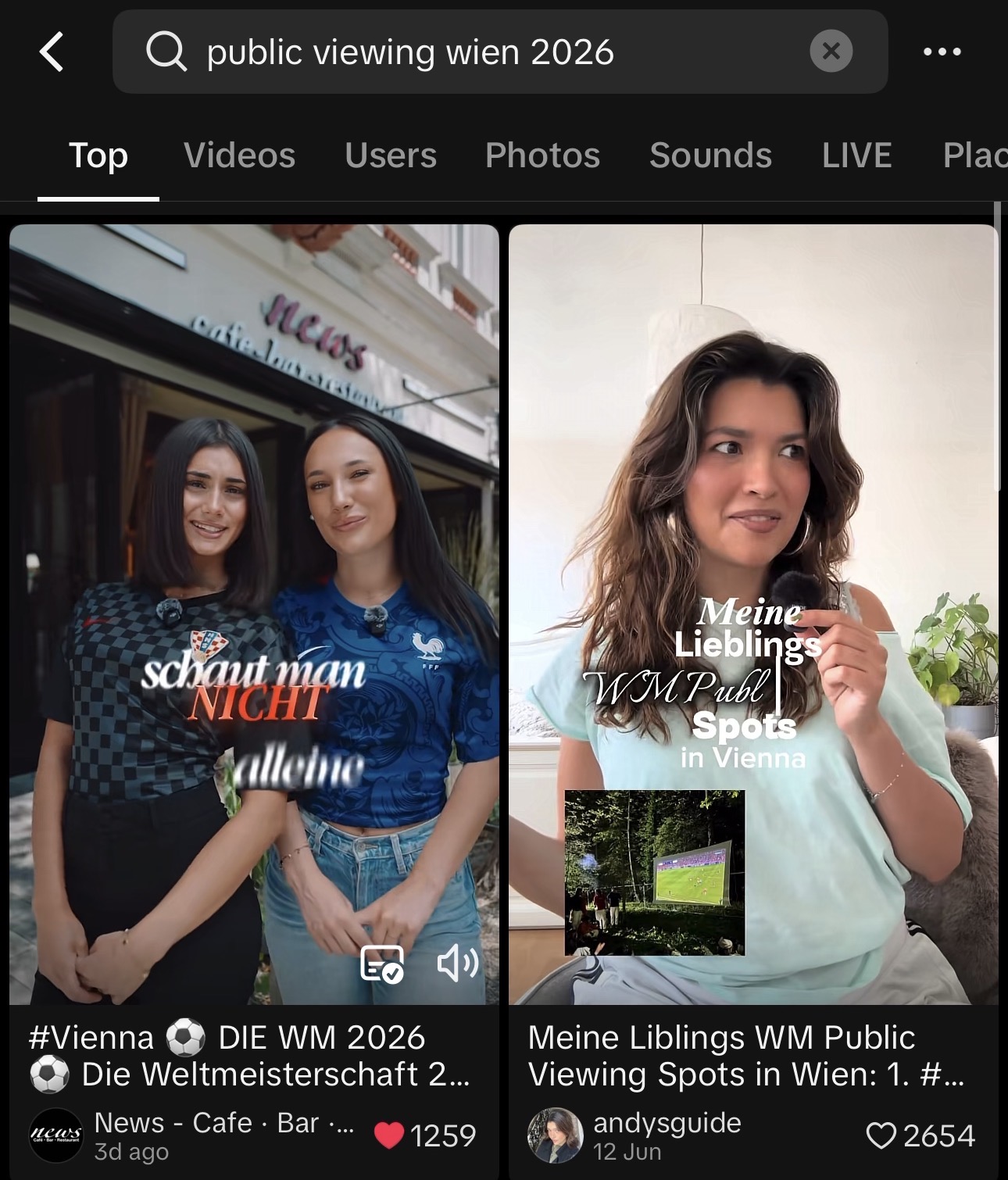 Screenshot der Suche nach public viewing wien 2026: Das News-Café-Video mit Aset steht links an erster Stelle.